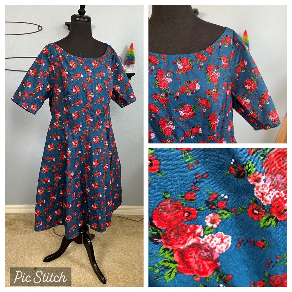 Retro Red Roses on Blue Fit and Flare Dress with Elbow Length Sleeves XXL